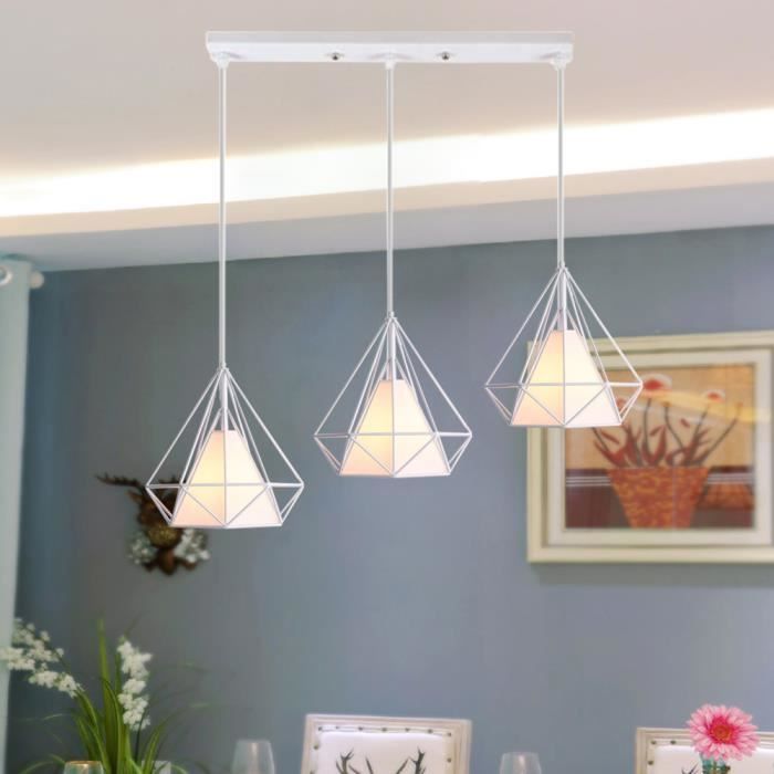 Industrielle Suspension de 3 Luminaires en Métal E27 Plafonnier Lustre forme Diamant Cage, Blanc