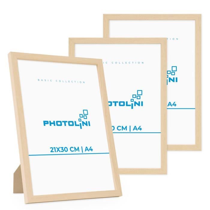 PHOTOLINI Lot de 3 cadres 21x30 cm A4 Moderne Naturel en MDF avec vitre en acrylique