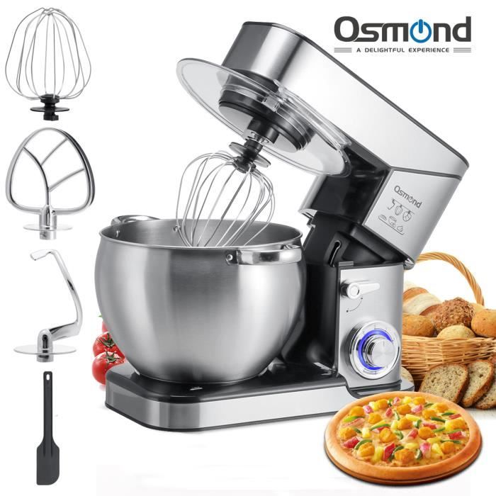 OSMOND Robot Pâtissier Multifonction 2000W - Bol 10L INOX. 6 Vitesse - Appareil de Mixeur Cuisine Batteur Crochet Fouet Petrin NOEL