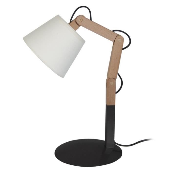 FREKI Lampe à poser en acier et Bois - Abat-jour Tambour Tissu - 16 x 30-45 x H30-45 cm - Bois Naturel et Noir - E27