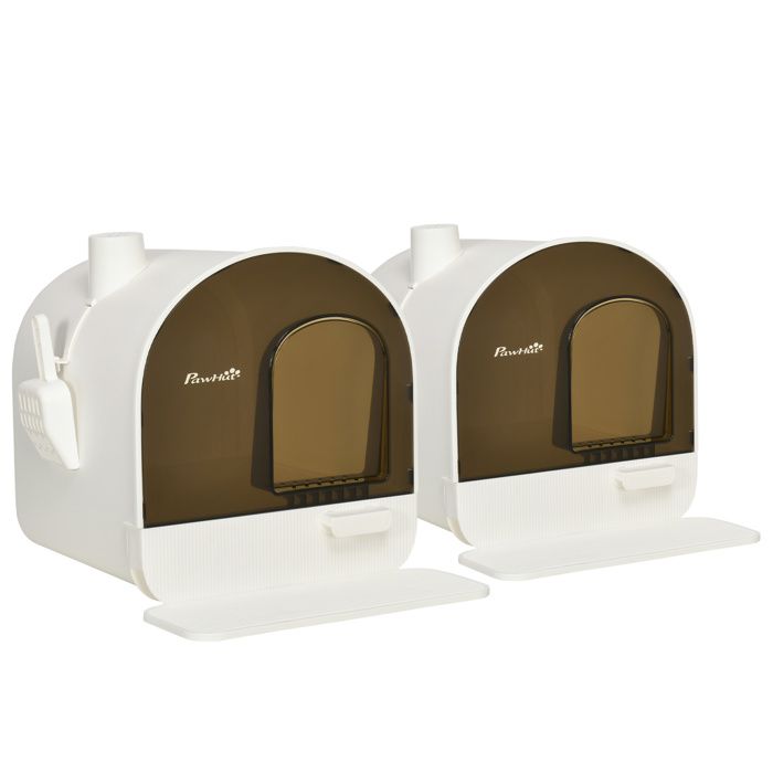 Comparer les prix de Lot de 2 bacs à litière pour chat PawHut maison de toilette avec porte battante, pelle et filtre inclus Blanc et Noir