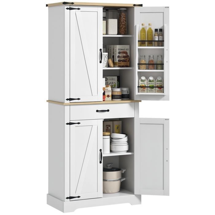 Armoire de cuisine - HOMCOM - buffet cuisine 4 portes 6 étagères à porte 1 tiroir et étagères réglables - 765 x 40 x 181 cm blanc