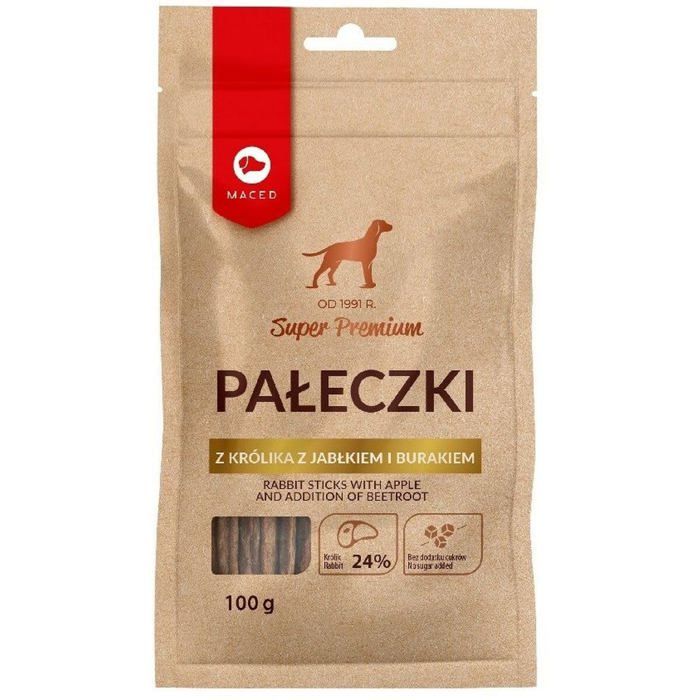 Friandise pour chien - Friandise Maced - Bâtonnets au lapin et à la pomme - 100g - Sans soja - Sans gluten