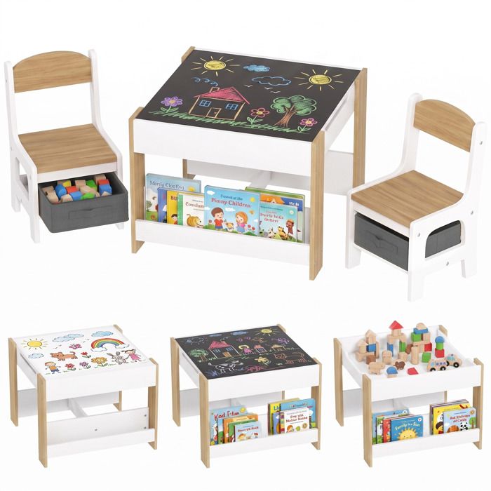 Ensemble 3 pièces table et 2 chaises HOMCOM pour enfant avec plateau table réversible tableau noir panier de rangement étagères