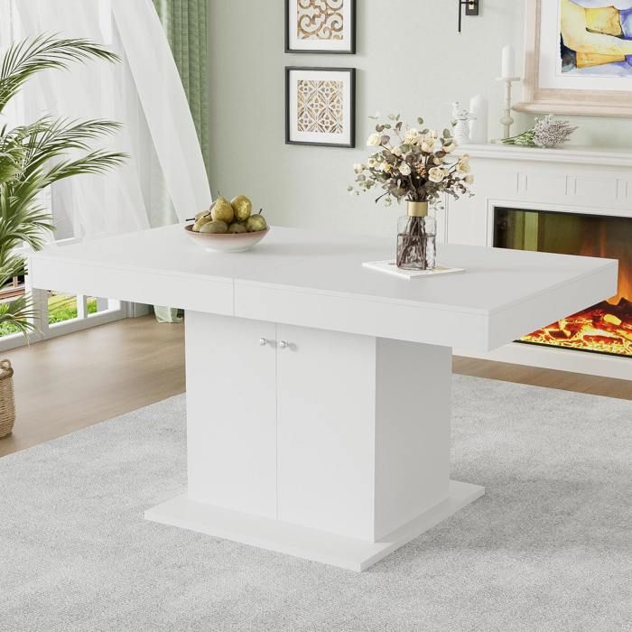 Table à manger escamotable 140/180 x 80 x 76 cm Table de salon rectangulaire avec 1 meuble de rangement 2 portes - blanc