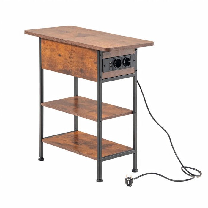 Table de chevet - FURNITURER - Rustic Brown - Barre dalim 2 USB 2 prises - Plateau pliant - 1 tiroir 2 étagères Table de chevet - FURNITURER - Rustic Brown - Barre dalim 2 USB 2 prises - Plateau pliant - 1 tiroir 2 étagères
