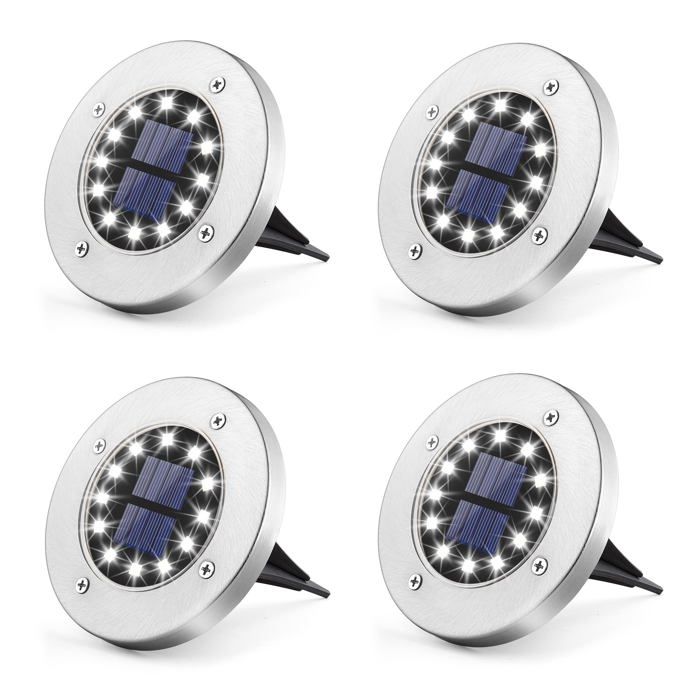 Lot de 4 lampes solaires à piquer 12 LED blanc inox IP44 pour jardin terrasse – 14 cm