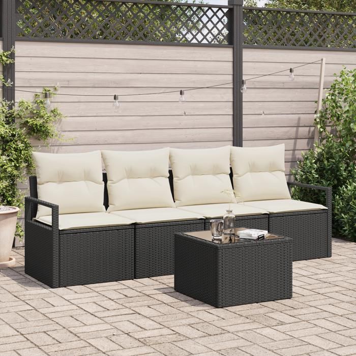 Ensemble de canapé de jardin 5 pièces avec coussins noir en rotin synthétique Canapé de jardin 2 places avec rangement et 3354916
