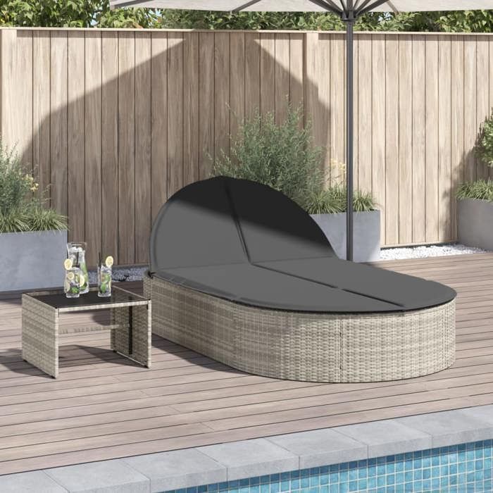 34180& Bains de soleil double avec coussins gris clair résine tressée - L110 x P200 x H78 cm - tissu 100 % polyester