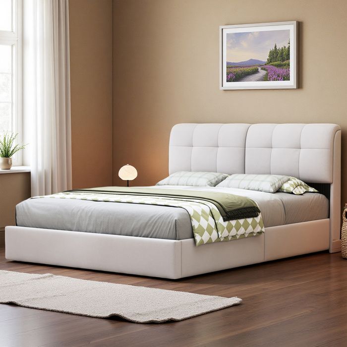 Lit adulte 160x200 - SM03 - Velours beige - Coffre hydraulique - LED RGB intégré