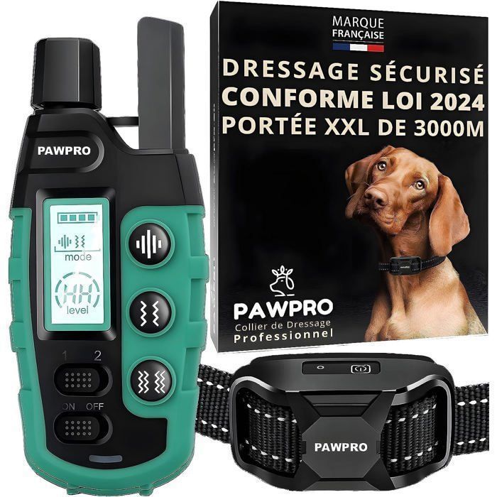 PAWPRO ALPHA1 Collier de Dressage pour Chiens Conforme Nouvelle Loi Bien-Être Animal Portée XXL 3km 3 Modes BIP Vibration Boost