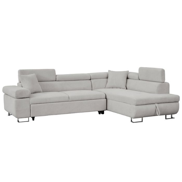 MENZZO Canapé dangle convertible Antoni avec têtières relevables angle à droite Velours côtelé Gris -L255 x P188 x H85 5 cm MENZZO Canapé dangle convertible Antoni avec têtières relevables angle à droite Velours côtelé Gris -L255 x P188 x H85 5 cm