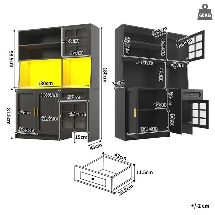 Armoire de cuisine - TRUXEN8 - 130x45x180 cm - Portes en verre - Éclairage LED - Noir