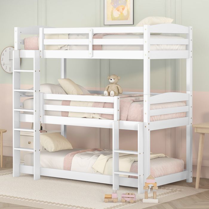 Lit superposé triple 90 x 200 cm pour enfant transformable en lit superposé et en lit simple 2 sommiers à lattes (sans matelas) Lit superposé triple 90 x 200 cm pour enfant transformable en lit superposé et en lit simple 2 sommiers à lattes (sans matelas)