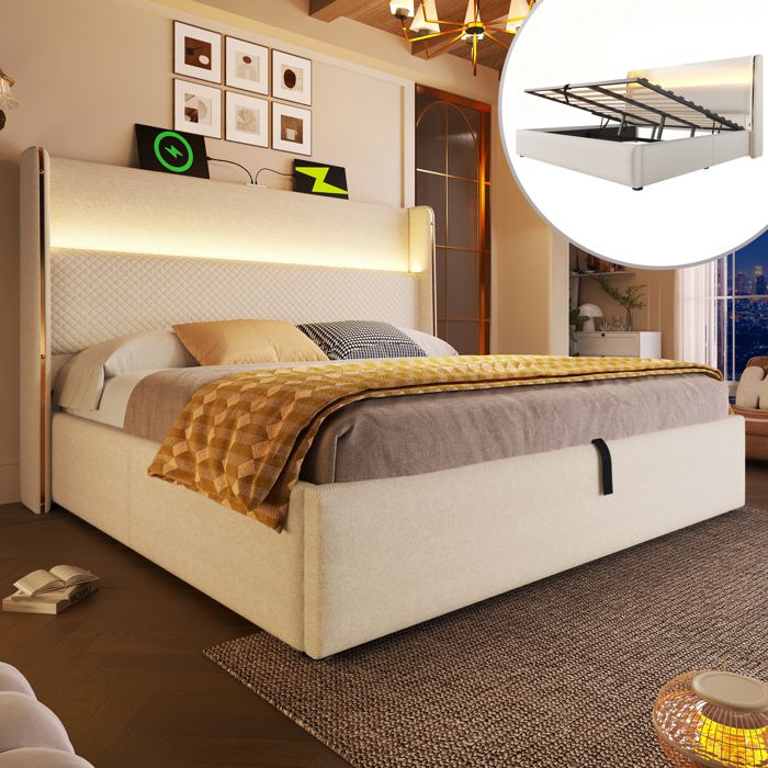 Lit double rembourré 160 x 200 cm avec éclairage LED Lit coffre avec rangements et ports USB et Type-C aspect Lin Beige