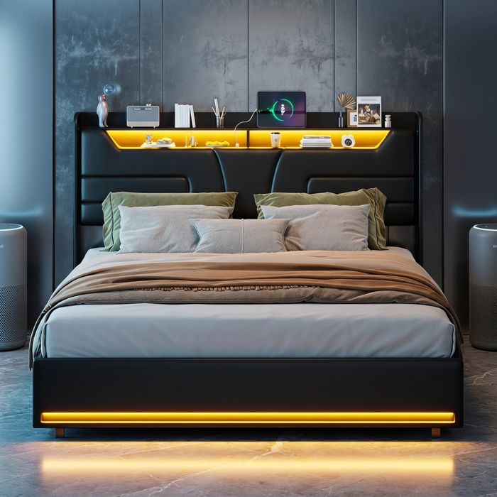 Lit 160x200 avec rangement - RWUDV - LED - USB - litcoffre 160x200 coffre - Lit double 160 x 200 cm - Lit 2 Places - Sommier-PU Noir