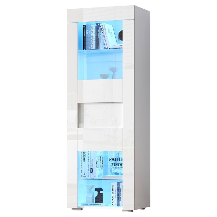 Vitrine avec porte en acrylique vitrine brillante avec éclairage LED 2 étagères en verre meuble haut meuble canapé 60×40×170
