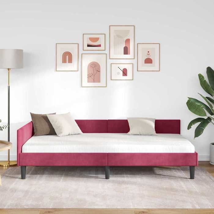 Cadre de lit dangle en velours - UU - 90x190 cm - Bordeaux - Design en L - Polyvalent canapé-lit