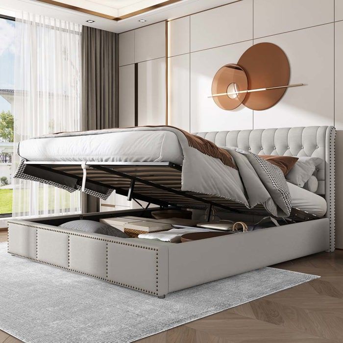 Lit coffre - 160 x 200 - Espace de rangement - Tissu lin gris - Tête de lit rembourrée