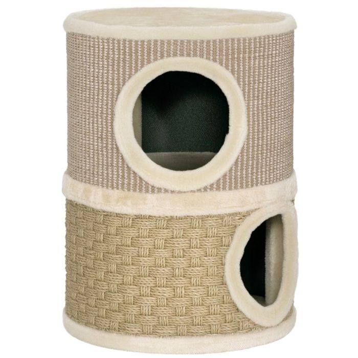 Griffoir Poteau Chat 2 Étages avec Tapis et 2 Grottes 35.5x35.5x49cm Peluche Kaki Café Jouet Arbre à Chat