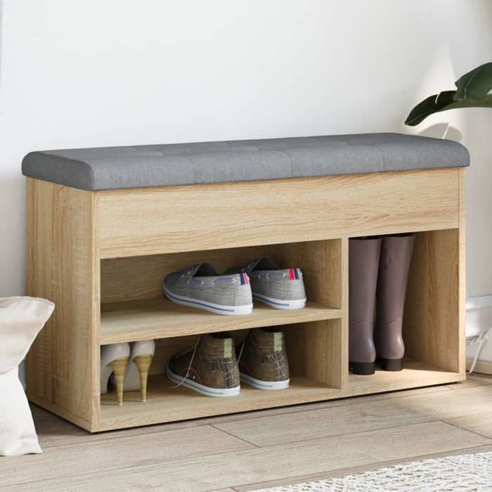 Banc à chaussures - Happiness - Chêne sonoma - 82x32x455 cm - Bois dingénierie - Capacité 110 kg - Coussin gris clair Banc à chaussures - Happiness - Chêne sonoma - 82x32x455 cm - Bois dingénierie - Capacité 110 kg - Coussin gris clair