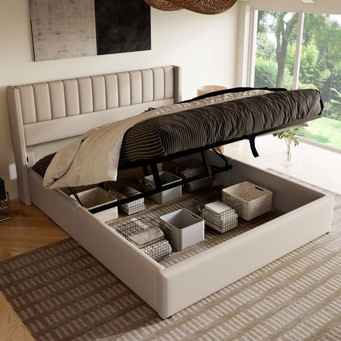 Lit Adult - 160x200 cm - Tête de Lit Rembourrée - Sommier Relevable Hydraulique - Lit Double avec Coffre Rangement - Tissu Lin Beige