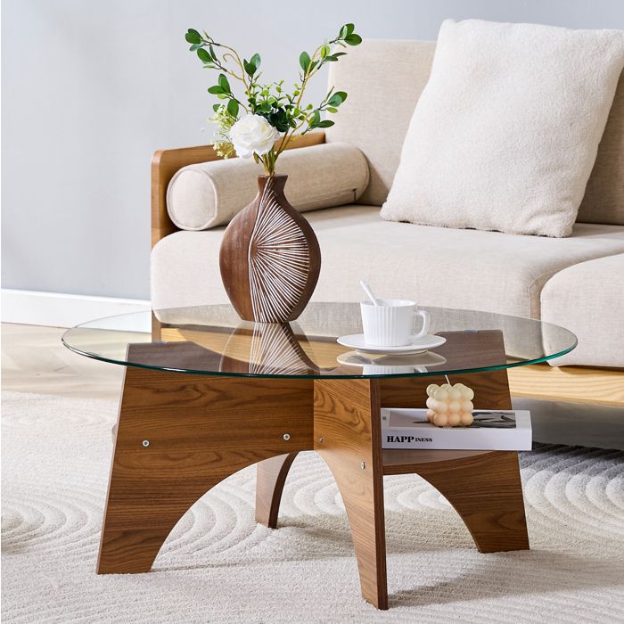 Table basse ronde. plateau verre trempé. table de salon et balcon . 80x80×36 cm. piètement MDF— marron