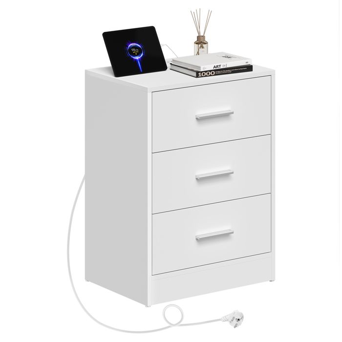 Table de chevet avec prise intégrée - WOLTU - 3 tiroirs - 2 prises AC - 1 port USB - 1 port Type-C - Blanc Table de chevet avec prise intégrée - WOLTU - 3 tiroirs - 2 prises AC - 1 port USB - 1 port Type-C - Blanc
