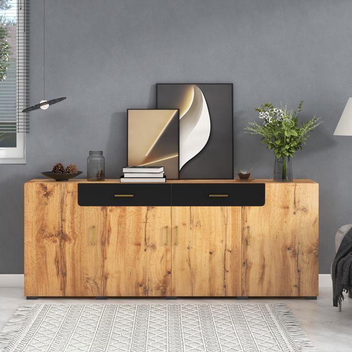 ELVMI Buffet - Buffet 4 Portes et 2 Tiroirs Meuble Design pour Salle à Manger ou Salon Effet Marbre Marron 208x395x80 cm