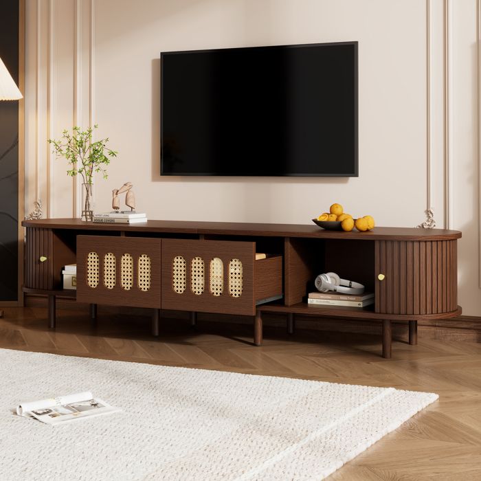 Meuble TV Ovale 180cm Noyer Foncé - Meuble de Salon Vintage avec 2 Tiroirs Rotin et Portes Tambour pour Écran TV 80 Pouces