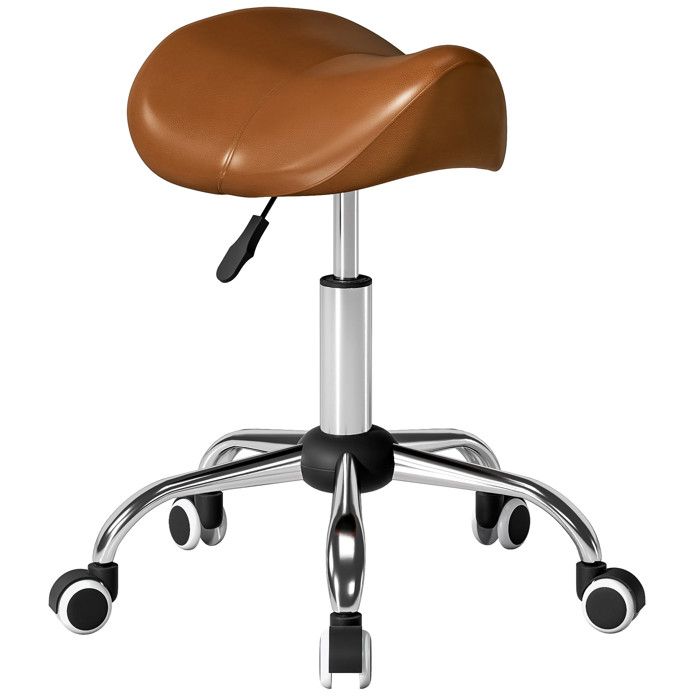 Tabouret à roulettes - HOMCOM - hauteur réglable 49-61 cm et selle ergonomique - polyuréthane et métal - 52x53x49-61cm - marron