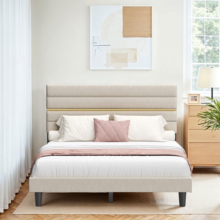 Lit complet Lit Double Convient pour Un Matelas de 140 x 190 cm Tête de Lit Rembourrée Ajustable Moderne Beige