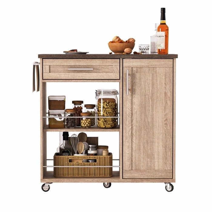 Desserte de cuisine mobile chêne plateau imitation bois rangement tiroir placard étagères roulettes verrouillables 90x62x90cm