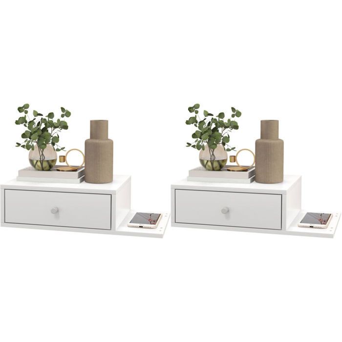 Lot de 2 tables de chevet murales - lot de 2 tables de nuit - étagère latérale et tiroir - 55l x 30P x 15H cm MDF blanc