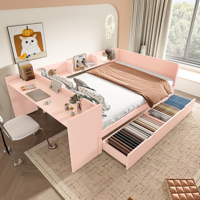 ULEVR lit combiné 140 x 200 cm rose avec bureau intégré 2 tiroirs 3 étagères en pin et panneaux de particules
