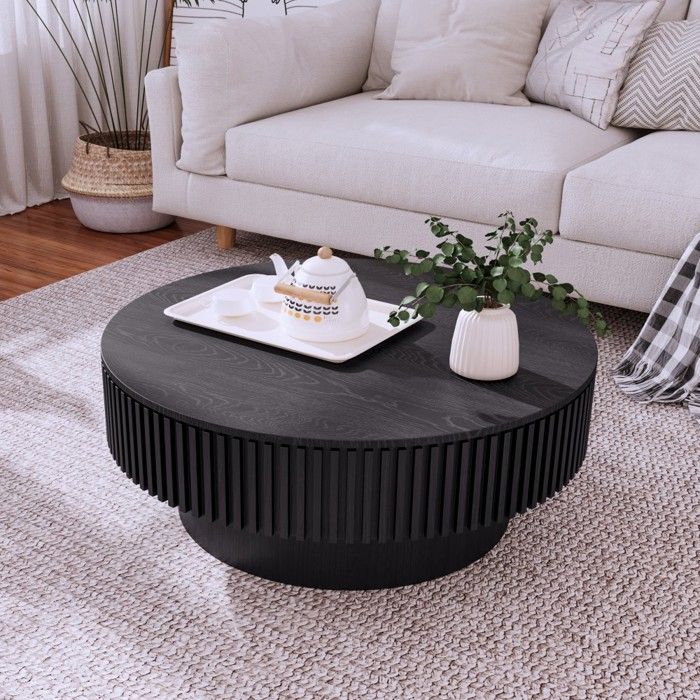 Table basse ronde 75cm placage bois massif noir style moderne avec rangement salon chambre bureau 75x75x35cm Table basse ronde 75cm placage bois massif noir style moderne avec rangement salon chambre bureau 75x75x35cm