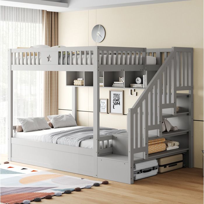 ULEVR Lit superposé 140 x 200 cm gris en bois lit inférieur hydraulique escalier de rangement et étagères
