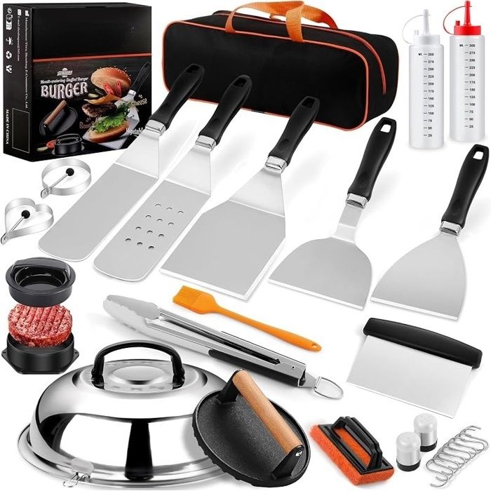 27PCS Spatule Plancha Accessoires pour Hommes Teppanyaki Grill Set dustensiles de Barbecue INOX Hibachi Smasher Burger Kit Cadeau