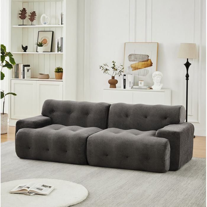 JOINERY canapé 2 places fixe sans montage chenille grise assise profonde 68 cm larges accoudoirs 224 x 104 x 66 cm