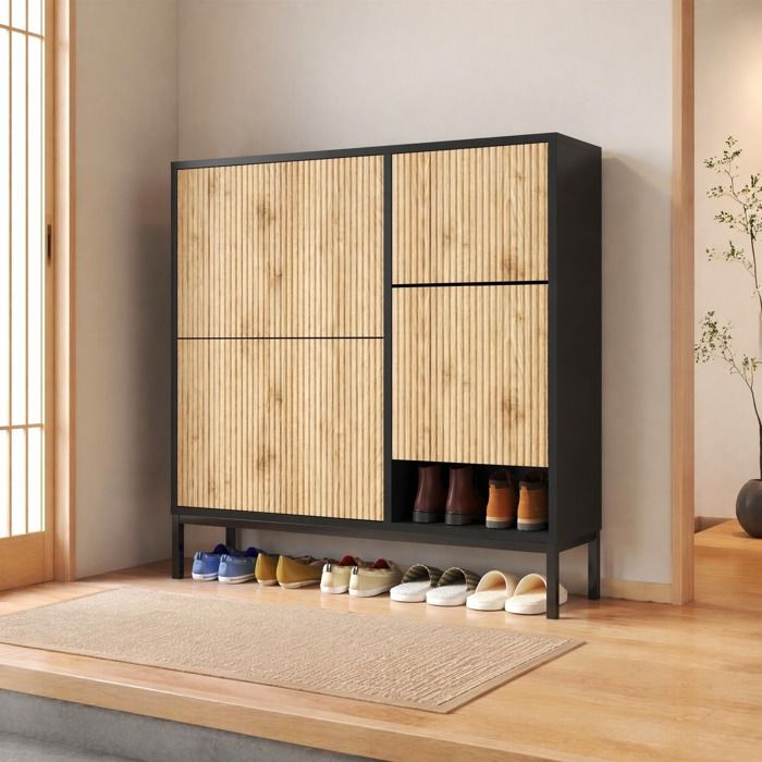 Meuble à chaussures 3 abattants et banc coulissant - MODENVIE - Rangement ouvert noir et bois 100×25×100 cm