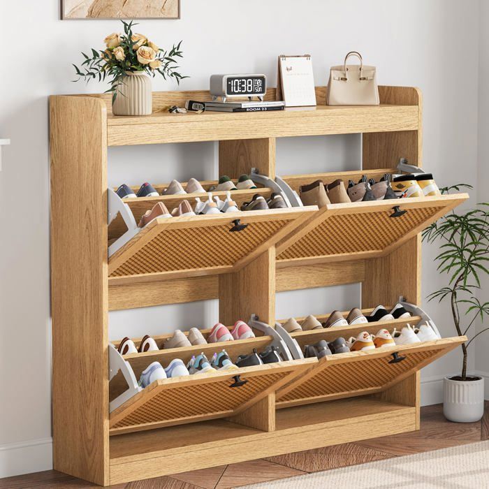 Meuble chaussures - Armoire Rangement Grande Capacité 26-32 Paires - Meuble d Entrée Couloir - Couleur bois naturel