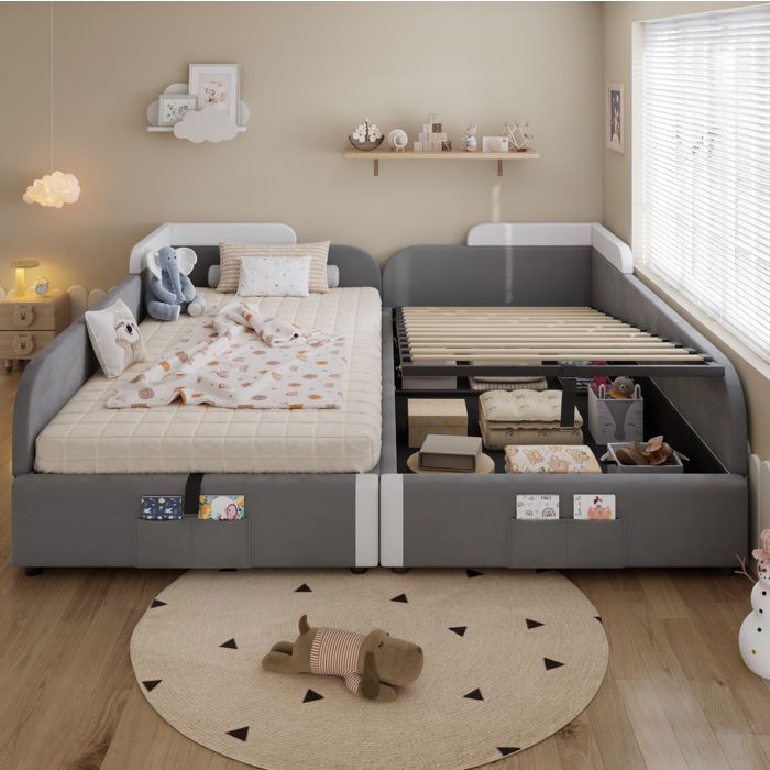Lit combiné enfant 2 places 90×200 cm et 90×200 cm coffre hydraulique barrière souple et poche - LPOSPI - sans matelas