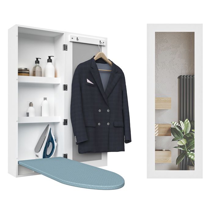 Armoire murale avec planche a repasser rabattable - miroir et rangement MDF blanc