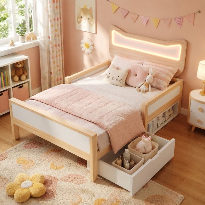 Cadre de lit 90x190 en bois design chat avec éclairage LED rangement flexible et protection latérale pour enfant