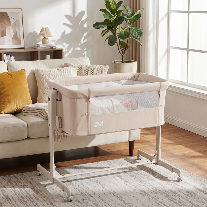3 en 1 Berceau Bébé Cododo-COSTWAY-Lit Bébé Réglable en Hauteur à 6 Niveaux 4 Roulettes Matelas Amovible 0-6 Mois Beige