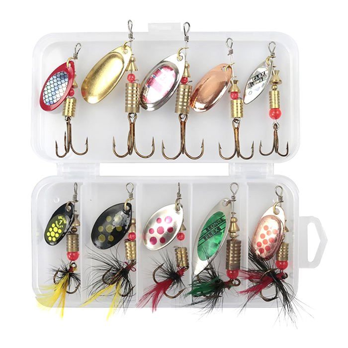 Lot de 10 Leurres Pêche Carnassier Métal Cuillère Spinnerbait avec Boîte Rangement Lumiryn