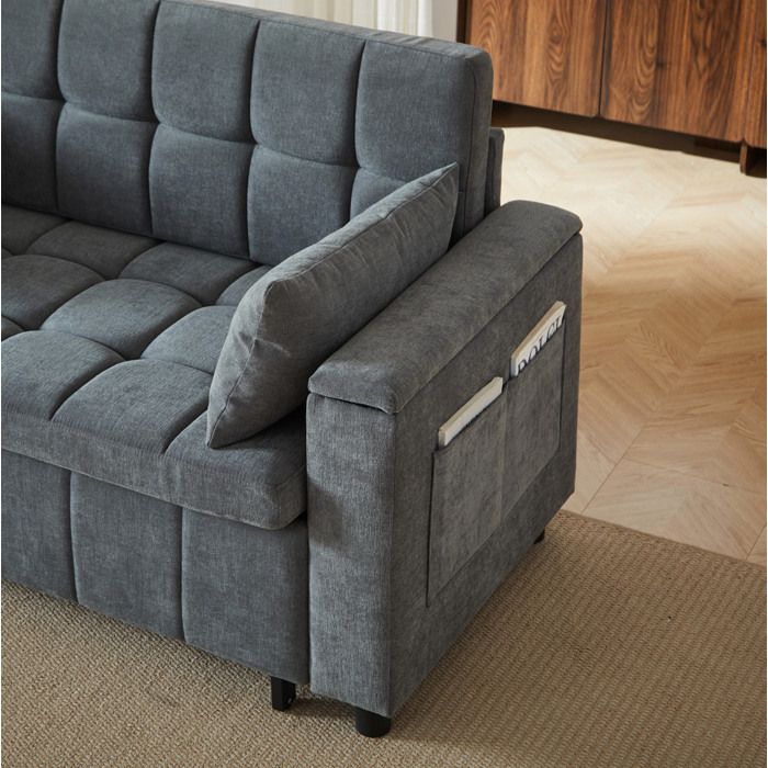 Canapé convertible 3-en-1 2 places avec rangement et poches latérales - BEAUNIV - chenille gris