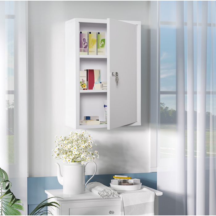 Armoire à pharmacie murale verrouillable 3 niveaux avec 2 clés - BEAUNIV - Salle de bain acier blanc 40×18×60 cm