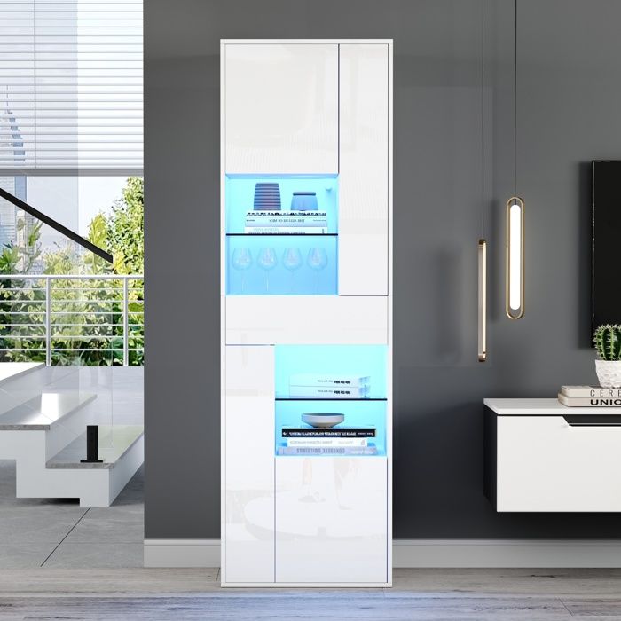 Vitrine avec LED Armoire de Rangement Haute Blanche 55x38x170 cm 1 tiroir 4 armoires et étagères réglables pour Salon Chambre