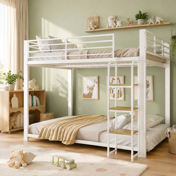 LEMONMAX Lit Superposé 4 Places en Métal 2 x 140 x 200 cm - avec étagère en Bois pour Enfants et Adolescents Blanc